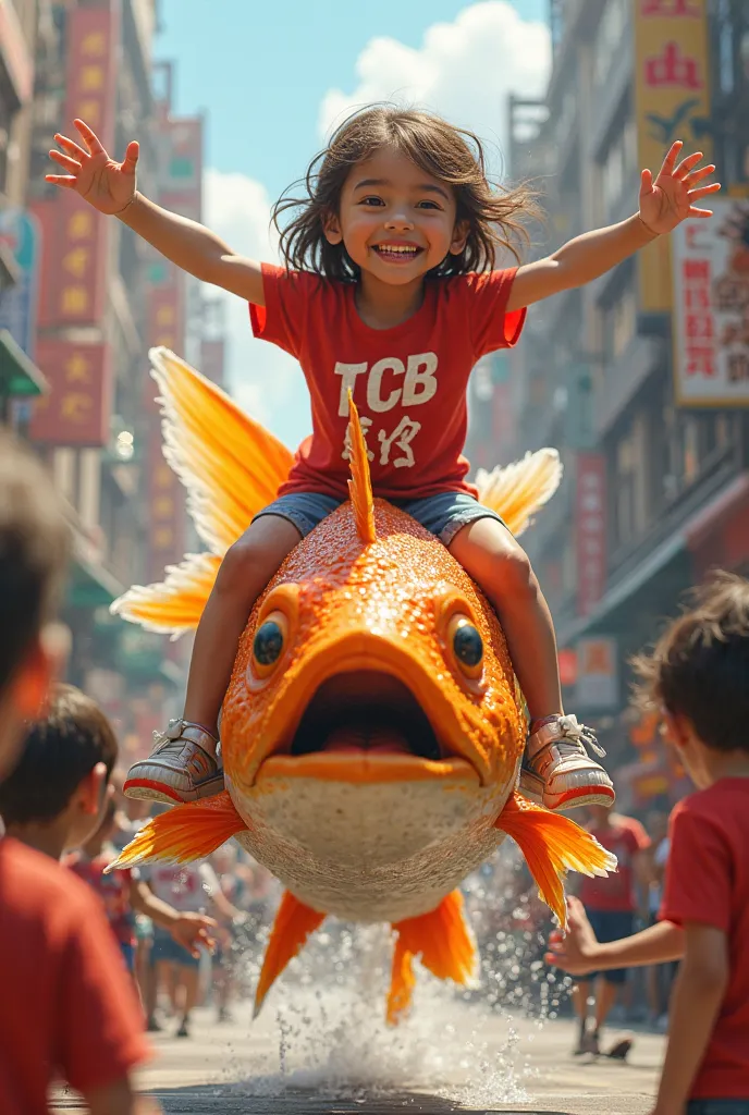 a girl in a red TCB R6 shirt rides on the fish in the street around people congratulating