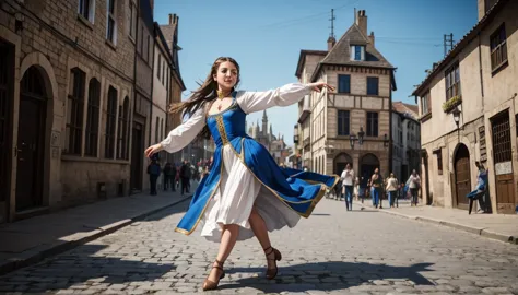 medieval 1girl dancing in the street, solo
