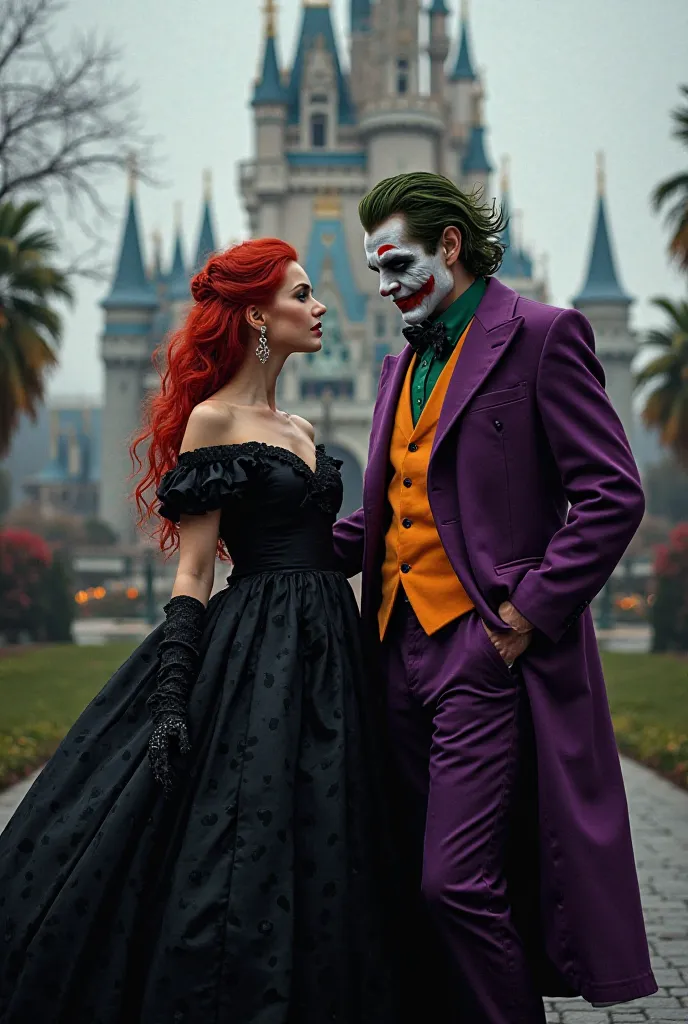 Another image shows the same red-haired princess in a royal black gown, standing beside a sinister Joker in a purple suit. They both pose dramatically in front of the same fairytale castle, blending Disney magic with a chaotic villainous aesthetic. The Jok...