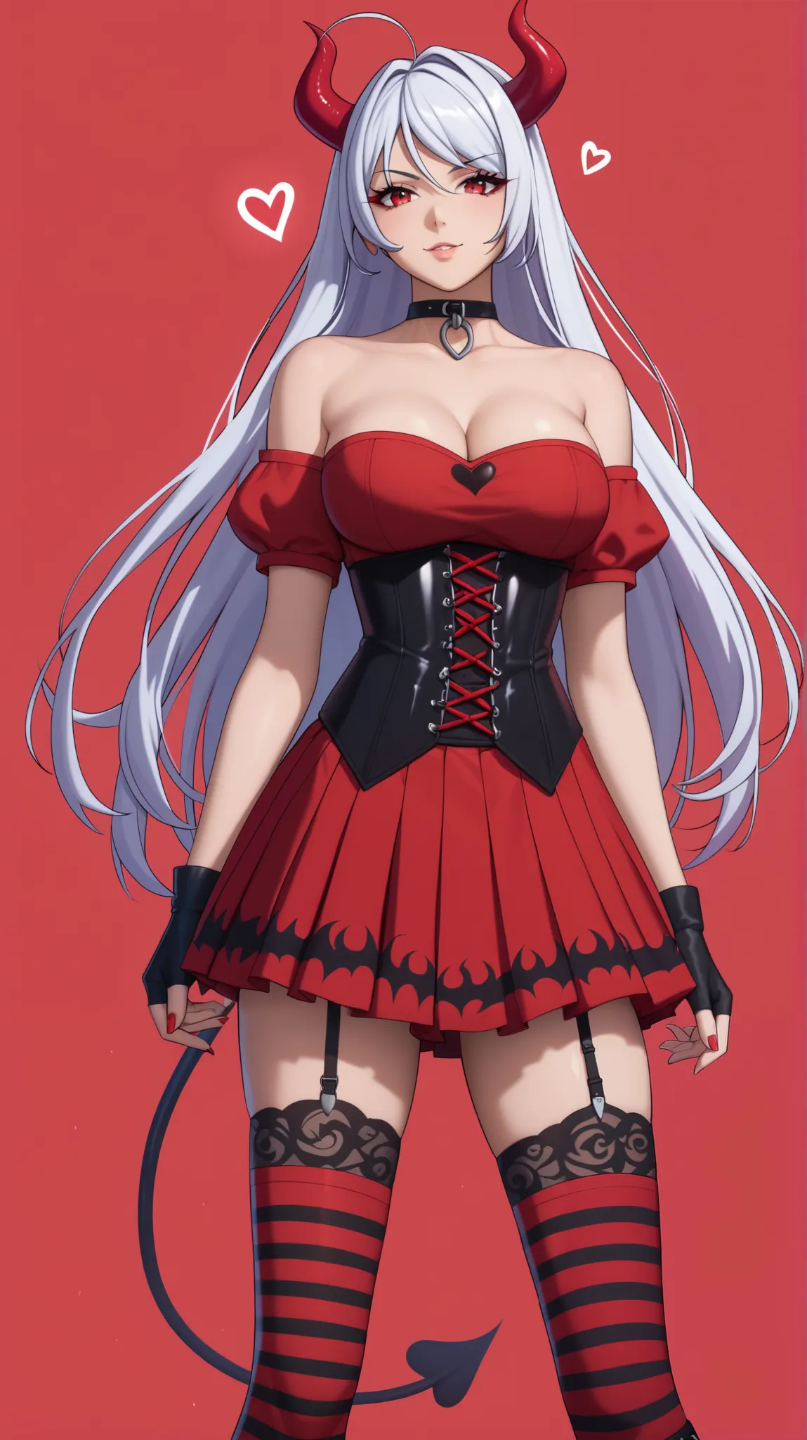 vampire moka akashiya, long hair, red eyes, ahoge, white hair, large breasts, unified in black and red costume, devil horns on head, black and red devil horns with flame pattern, black choker with red heart-shaped accessory, red and black two-block color i...