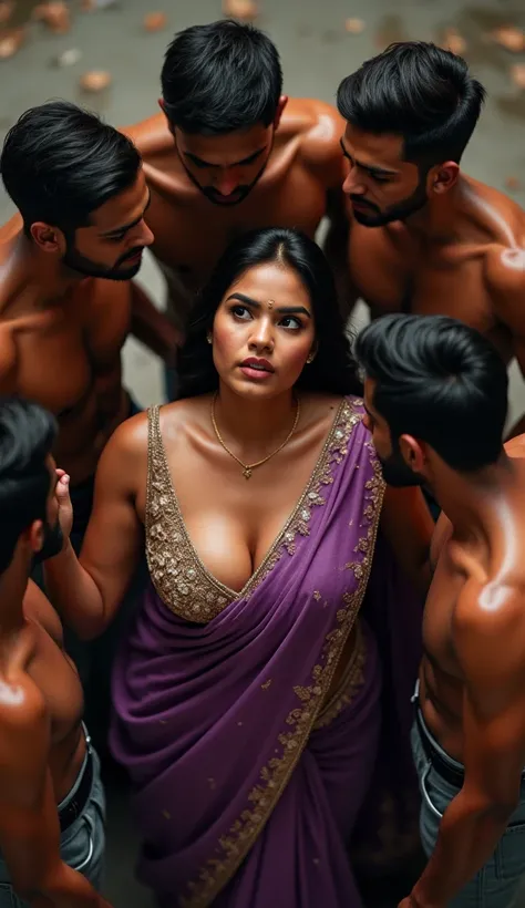 Top view, Full body image, a group of Indian shirtless 20 year old  men romantically looking in to the eyes of to Indian busty breasts plus sized 20 year old beau6woman wearing silky deep neck body tight glossy purple highly embroidered  low waist saree an...