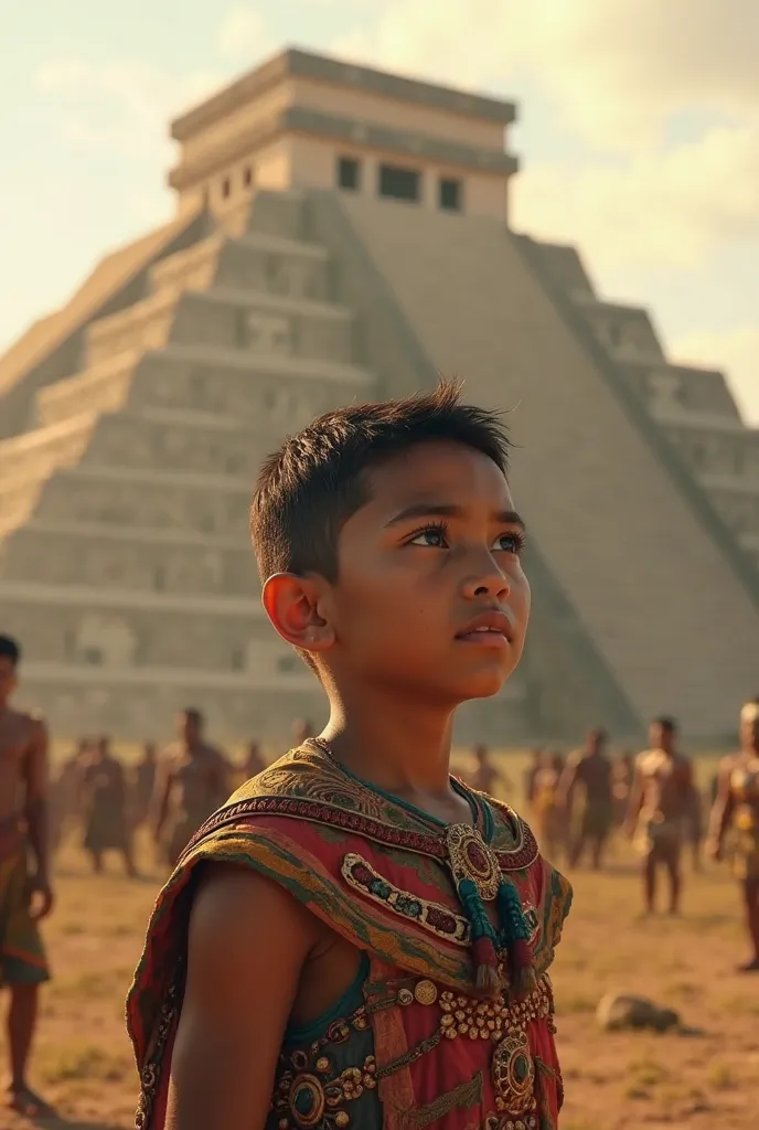 An Aztec boy looking to the future, with a pyramid in the background.