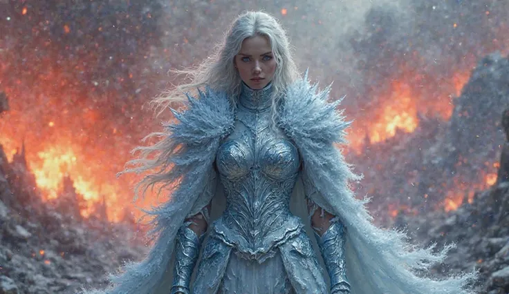 Frozen princess ready for war, fire and ash everywhere. 