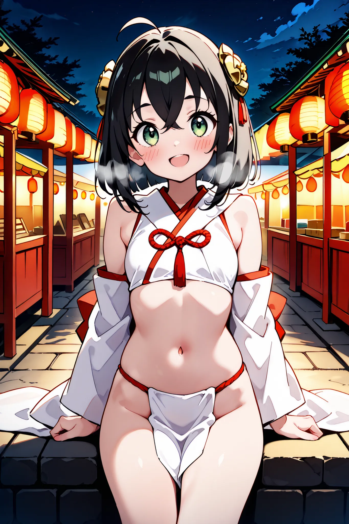 {Highest quality}, {so beautiful}, {Very detailed,beautiful face:1.4}, {Best illustrations},shileviathandef, medium Hair,ahoge, black hair,crossed bangs,green eyes,Shrine maiden,belly button、sleeveless,bare shoulders,(white loincloth),(blush、smile、 Excited...