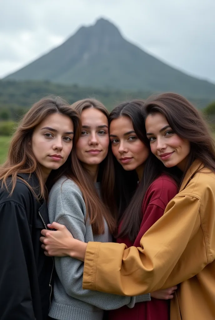 REAL PHOTOGRAPH OF 4 UNIVERSITY WOMEN AROUND 20 YEARS OLD EMBRACING EACH OTHER WHO ARE SERIOUS AND WHO SHOW PAIN IN THEIR FACE, A MOUNTAIN, ANOTHER AMAZON, ANOTHER OF THE THING AND THE OTHER OF GALAPAGOS DEL ECUADOR 