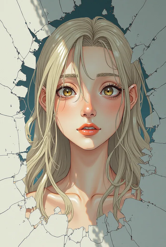 semi-adult woman,  of fair skin, long blond hair, with bicolor eyes. Looking in a mirror broken into many pieces. Drawn in the Manhwa style