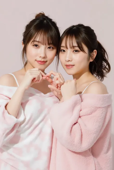 cute smiling women are cute, fluffy off-shoulder pajamas, make a big heart with both hands , posing with arms in front of chest, View above the collarbone、 has a monotone background