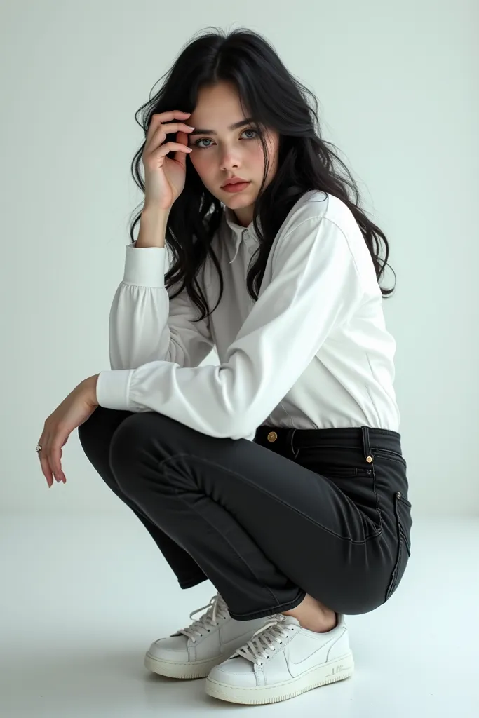 Billie Eilish Pelo Negro,White long sleeve shirt, white sneakers,  jeans negros ajustados 