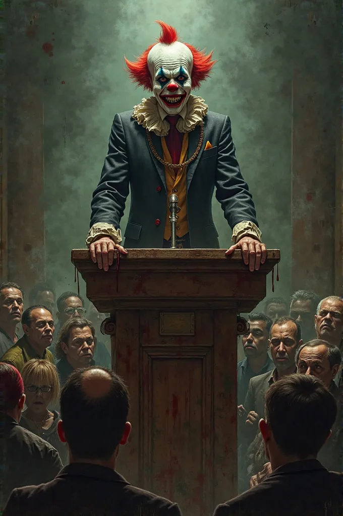 A bloodied clown-headed president rises on top of the pulpit while giving a speech to his people full of the poor