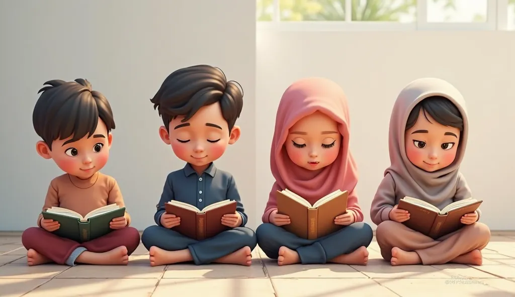 A colorful 3d cartoon digital illustration Four ren, likely Southeast Asian, ages 6-8, seated on a light-colored tiled floor, are engrossed in reading holy books. The in the center, a boy, wears a dark-blue, long-sleeved, button-down shirt, fitting comfort...