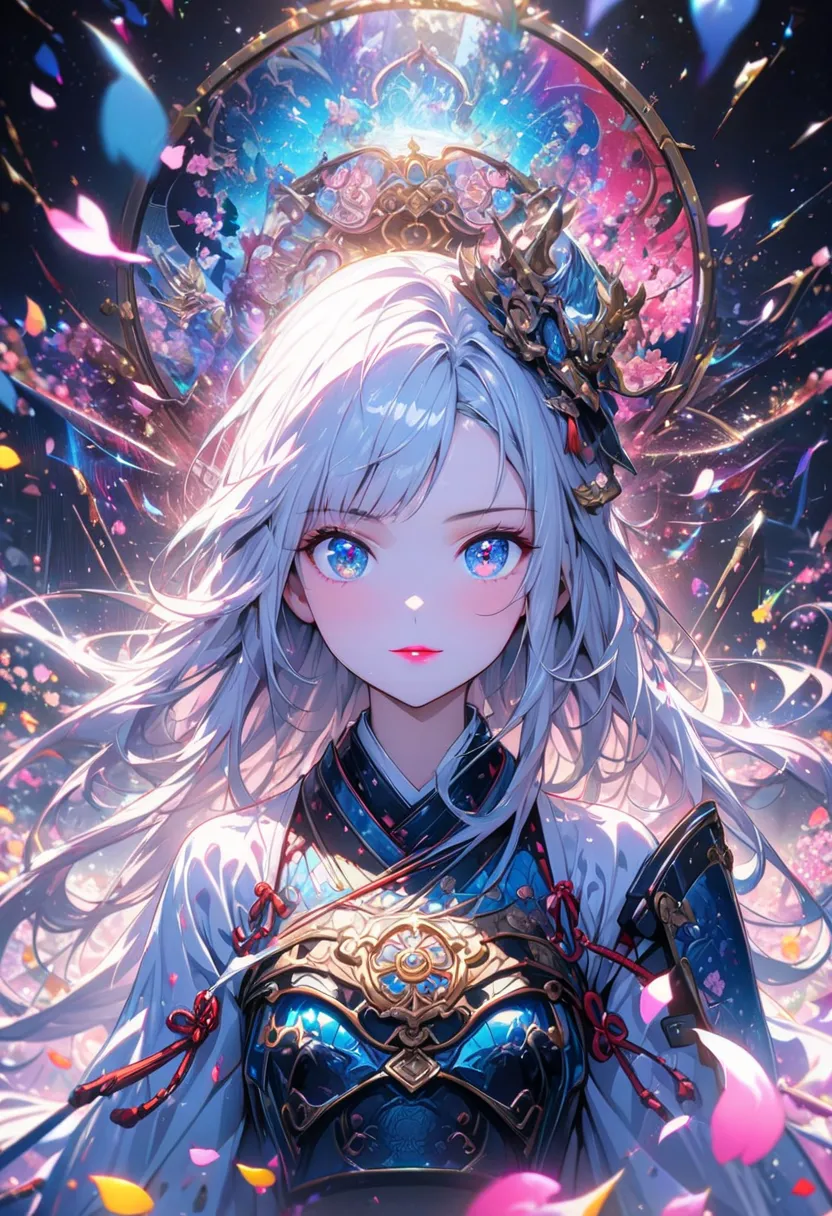 ((Girl, Samurai, Blue Shiny Japanese Armor, Long Hair, Pink Lipstick))), ((High Resolution, Ultra High Resolution, Kaleidoscope Image, Symmetrical Pattern, Vibrant Colors, Geometric Shapes, Captivating Design, Optical Illusion, Dynamic Composition, Pantomi...