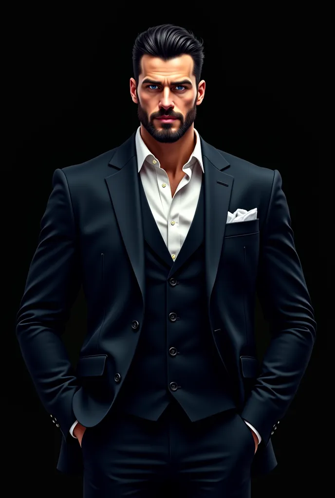 Handsome muscular Caucasian man,   strong and tall like Superman,   with short black hair,  short beard and blue eyes , Powerful 30-year-old mobster, wearing a dark suit and expensive handsome,   standing against a dark background  ,   graphic illustration...