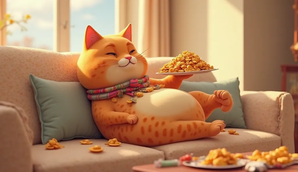 A 3D animation of a chubby orange cat with distinctive rosette markings, a plump belly, and a graceful tail is lying on a fluffy couch. The cat is eating a large plate of snacks with one paw, looking completely relaxed and satisfied. It wears a colorful sc...