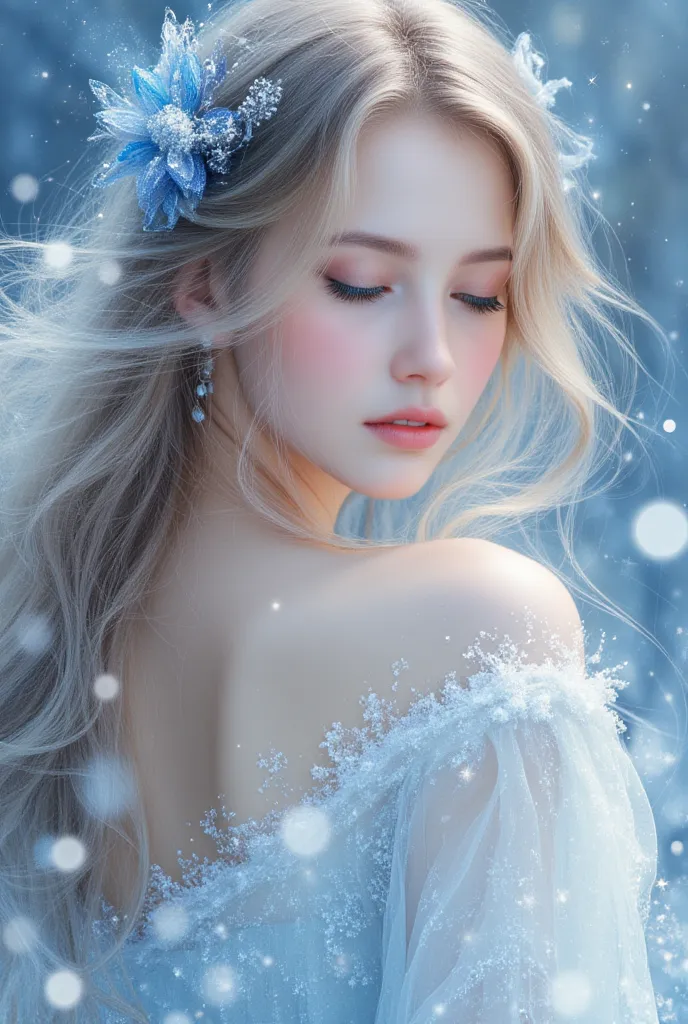 The girl blinked and smiled gently. Then she turned around slowly, her hair and ribbons flowing softly. Finally, the girl gradually transformed into snowflakes, which then fell gently. The changing, shimmering light created an ethereal feeling