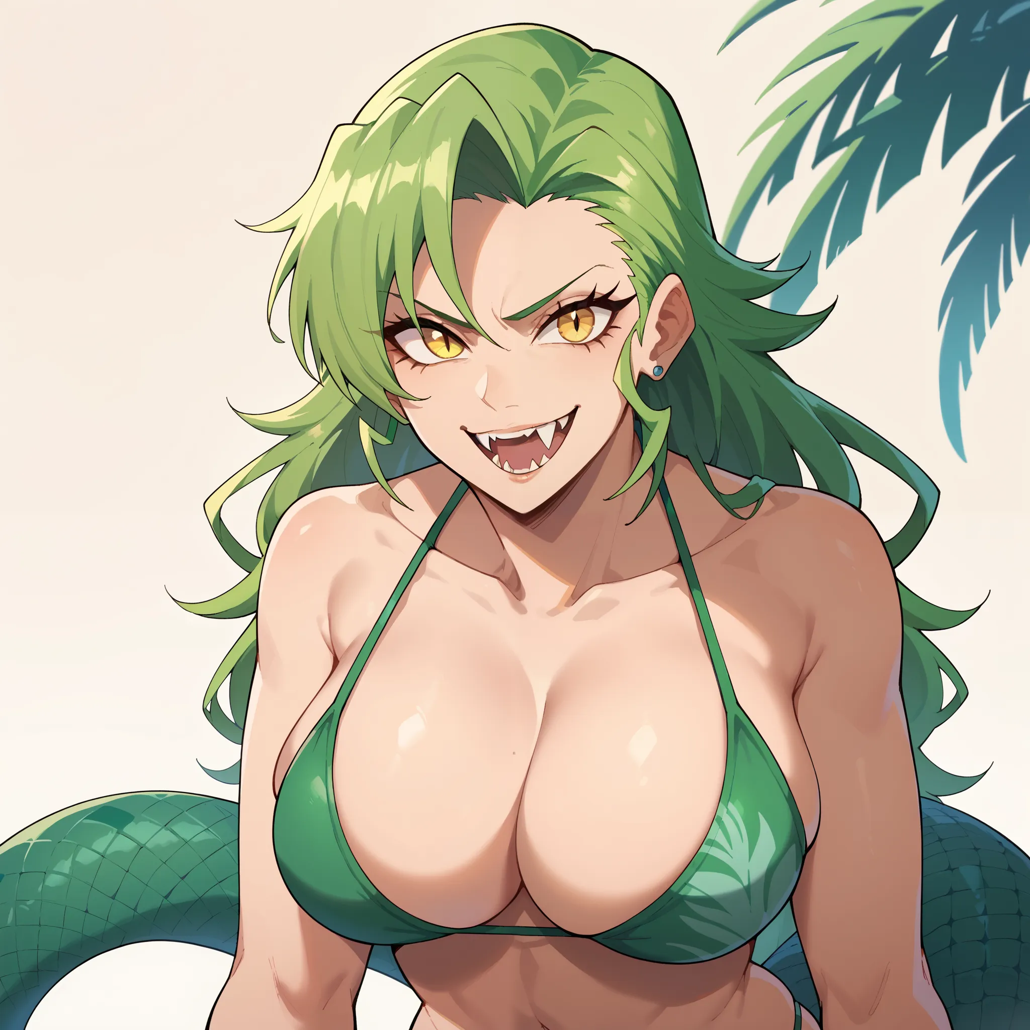 Candice Catnipp, bright green hair with darker tips falls in wild tufts around her face, intense yellow eyes with vertical reptilian pupils shine,  sharp smile reveals small fangs, big breasts, lizard tail,  white and green bikini,  tropical beach backgrou...