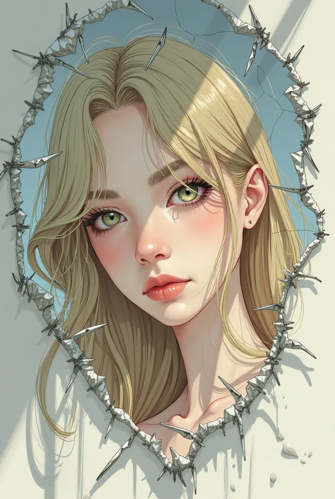 semi-adult woman,  of fair skin, long blond hair, with bicolor eyes. Looking in a mirror broken into many pieces. Drawn in the Manhwa style