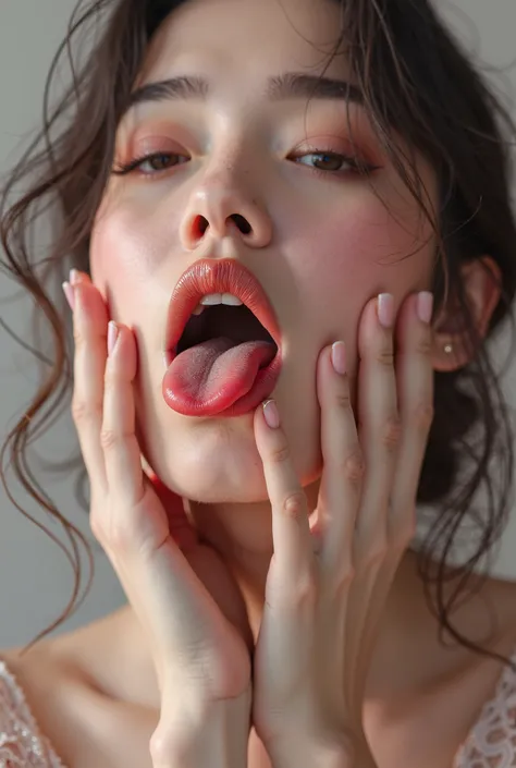 arafed woman with her tongue out and hands on her face, a picture inspired by Yanjun Cheng, shutterstock, hyperrealism, licking tongue, tongue out, large tongue, long tongue, soft lulling tongue, tongue, tongue sticking out, snake tongue, mouth is simple a...