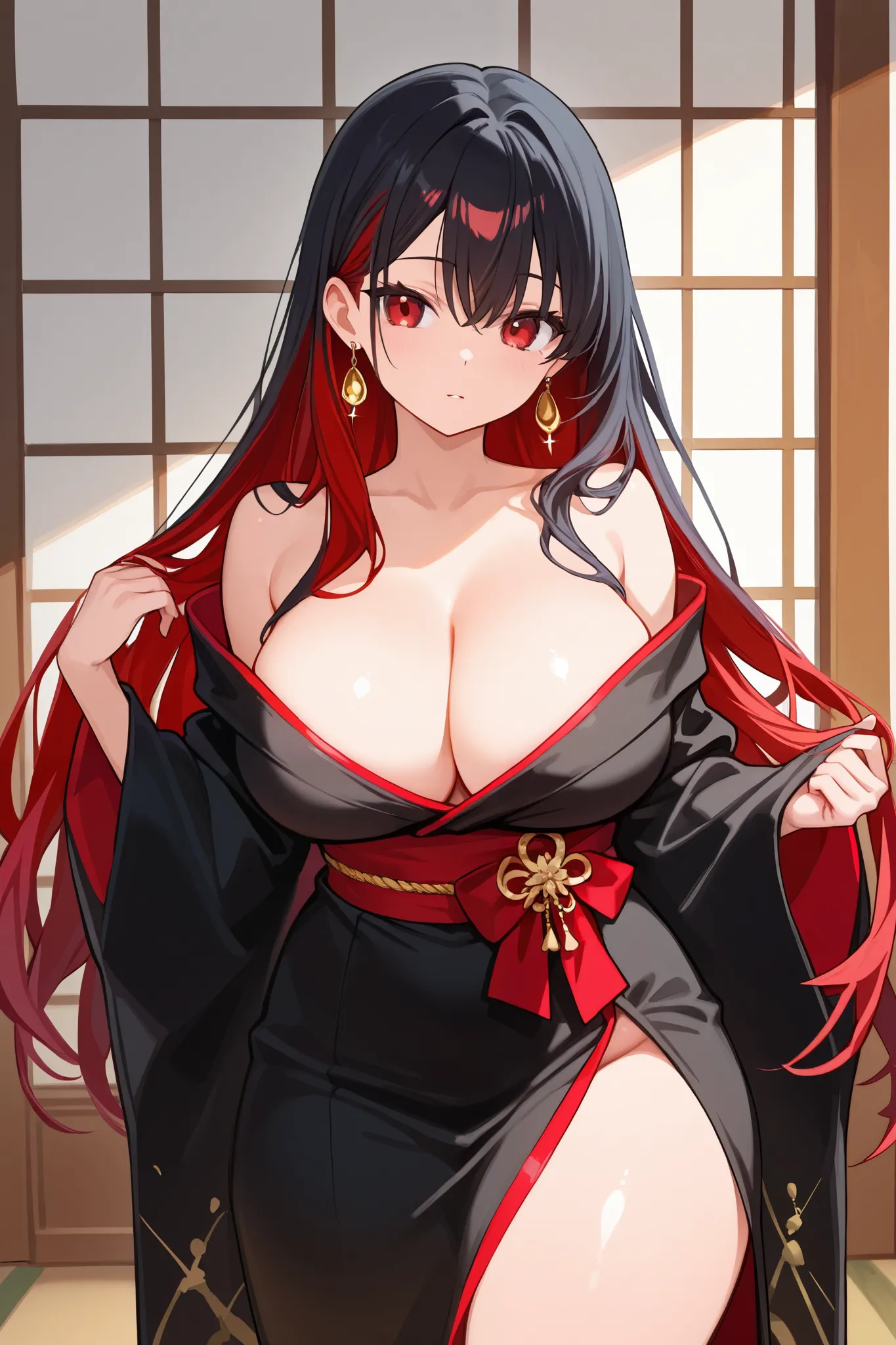 1 girl, Hair length reaches the back, Black hair with some red hair on the edges., red eyes, but not bright, curvy body, wear a sexy kimono outfit, หน้าอกไซส์ปานกลาง, have a golden earrings