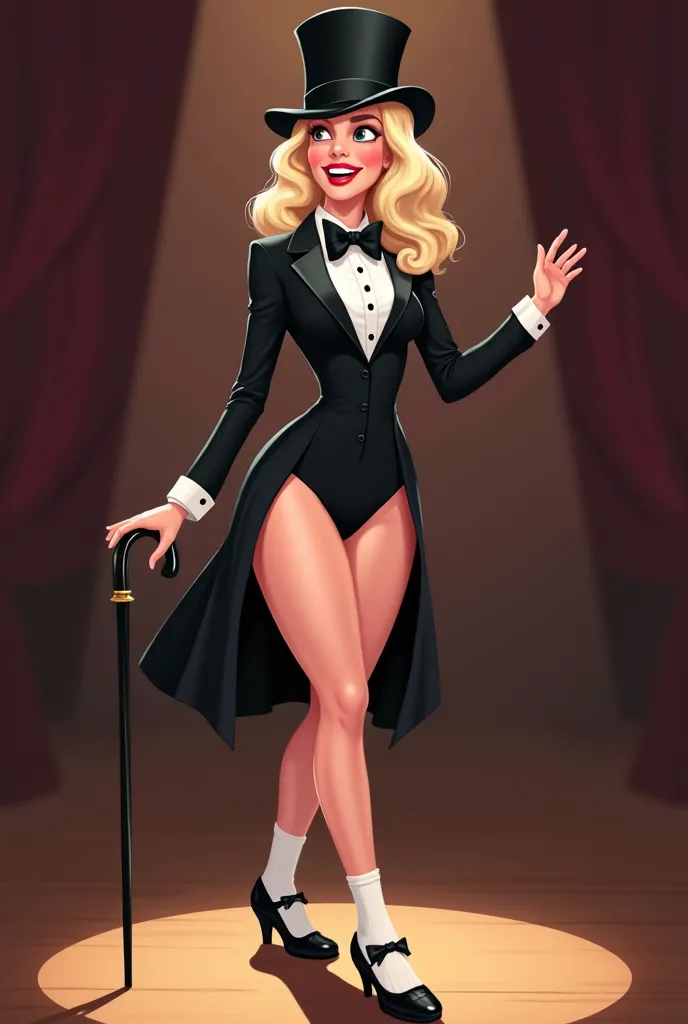 white blonde woman in her 20s in a black tuxedo jacket leotard, white button shirt under her black tuxedo jacket, white socks, and black Mary Jane tap shoes,, tap dancing on stage, cartoon sexy, white bow on the front part of her tap shoes, black bow with ...