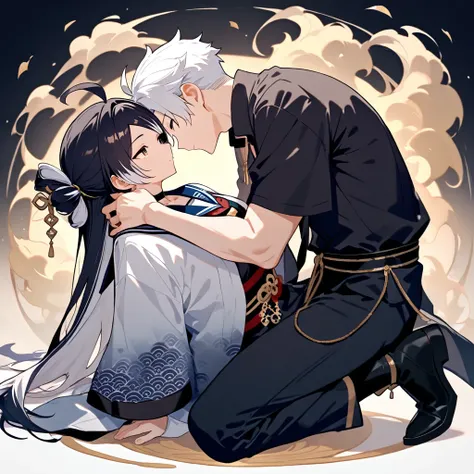 masterpiece, high score, great score, absurdres, 2boys,yaoi,male focus, (duo:1.1), (couple:1.2),short white hair, parted bangs, side fringe, toned,twink,black haori,white kinono, black obi, swirling golden cloud pattern, open collar shirt,black choker,blac...