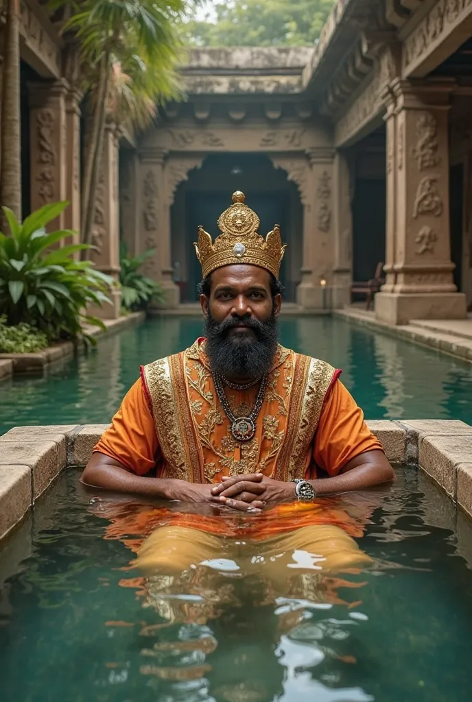 Here's a prompt you can use to create an image of a proud Sri Lankan king bathing in an ancient bath:

"Depict a proud Sri Lankan king in a royal, ancient bathhouse. The king should be seated in an intricately designed stone bath filled with clear water, s...