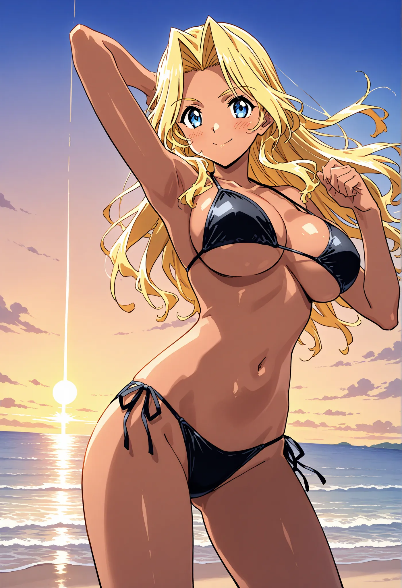   1girl  , alone, ( beautiful beach:1.2), (sky:1.2), smile, (cowboy shot, dynamic pose:1.4), 
cindy_sakurai, blue eyes, blonde hair, sup  er long hair, dark skin, dark-skinned female, BLACK bikini, score_9, score_8_up  , score_7_up  , source_anime, best qu...