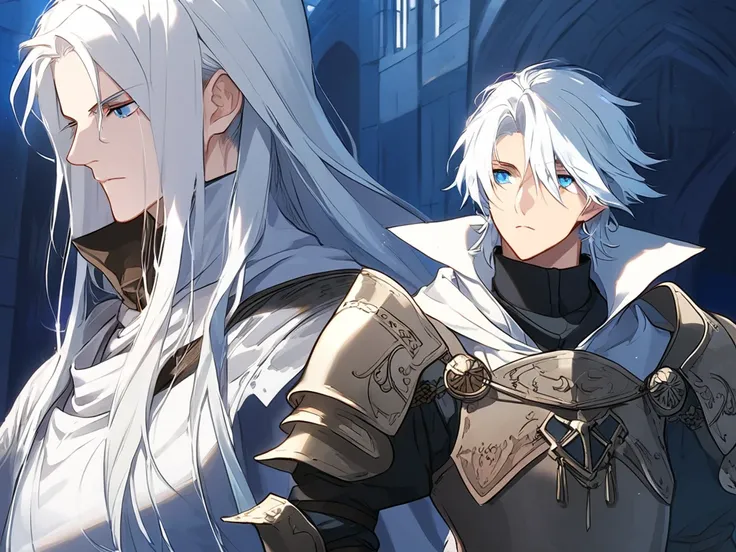 create a medieval anime style rpg cover with nothing written, put a man with white hair and blue eyes