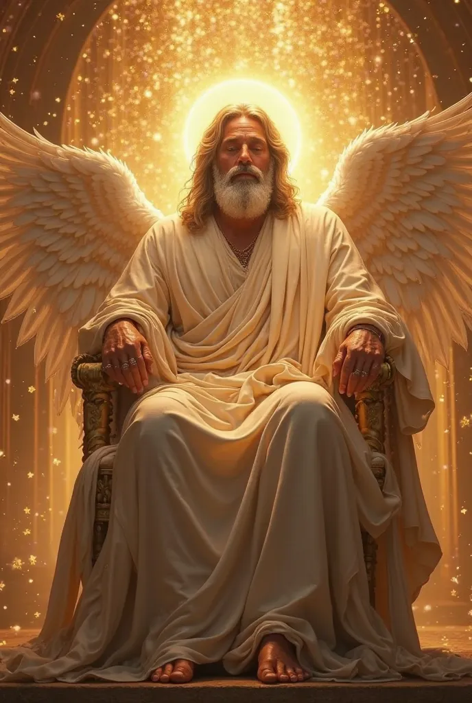   Realistic photo of Almighty God sitting on a beautiful and great heavenly throne, his resplendent face shines a halo of light that cannot be seen on his face, God is amazed, At his side the archangel Gabriel with his beautiful wings, God who makes all th...