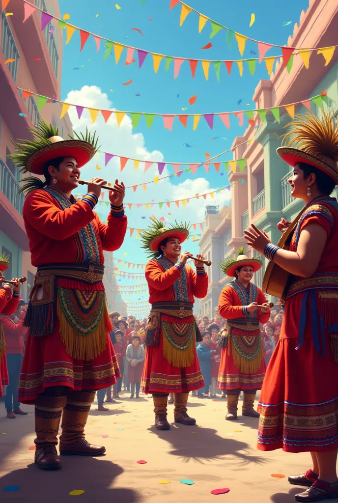 Create an image referring to a Bolivian national group playing music with ren dancing at the carnival 