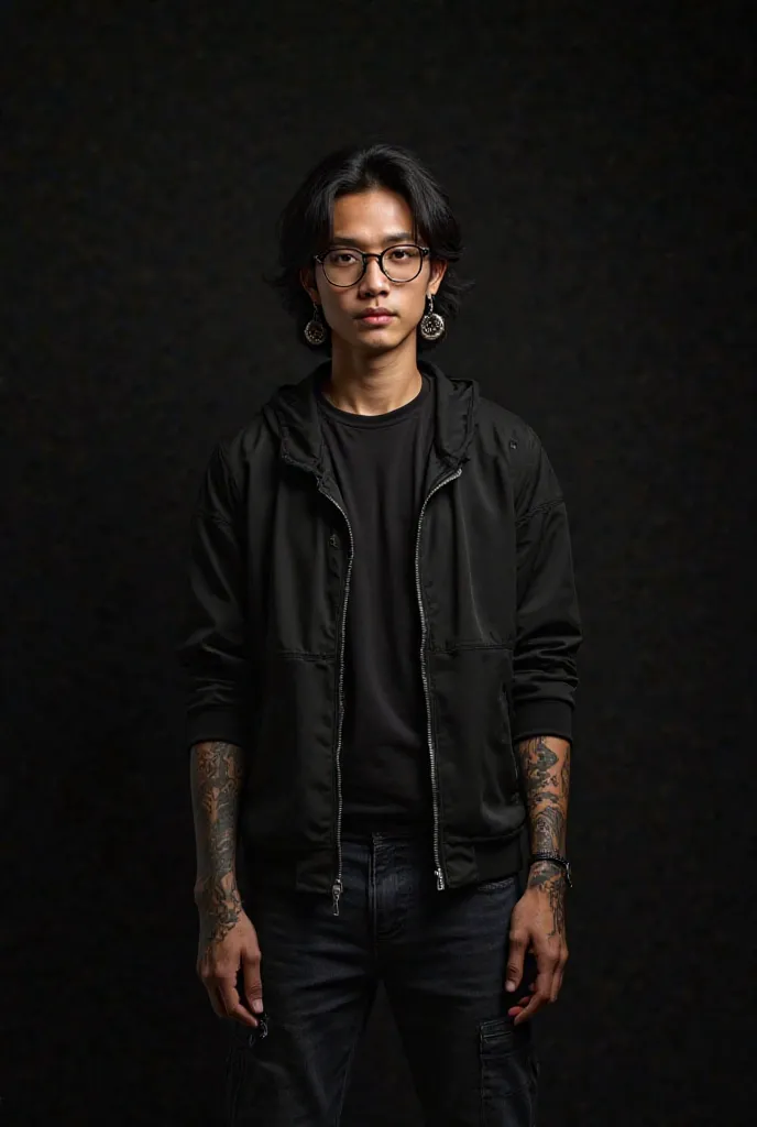 Black background that says Kuningan street 21 a young Indonesian man aged 35 years old semi-long hair glasses tattooed hands wearing black jacket fashion earrings looks realistic 