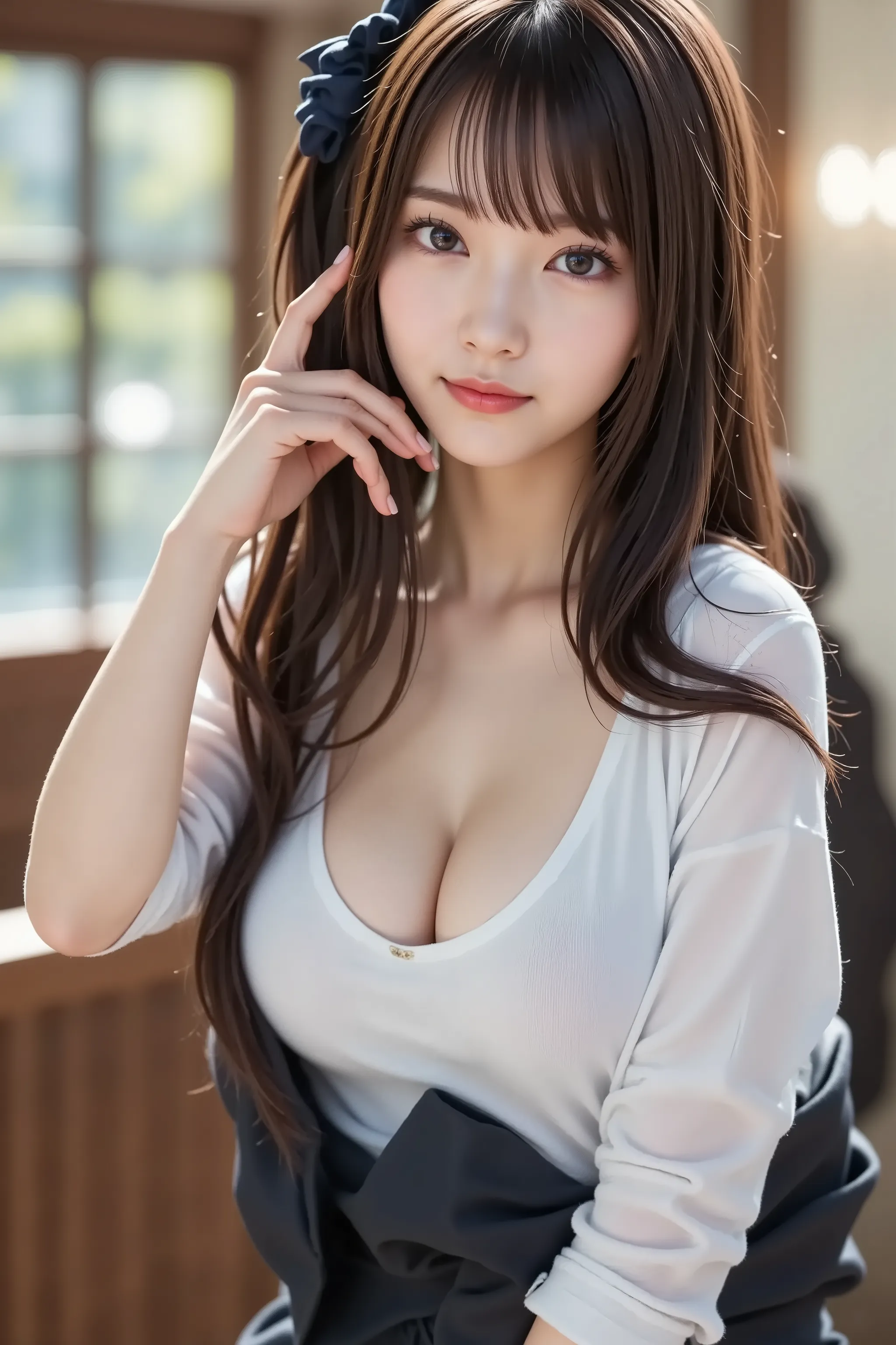 above shoulder, A state where the face is accurately positioned in the center of the image, upper breast, fully reflects the entire head, Face clearly visible, policewoman, Police vehicles, long hair, bungs, smile, young and cute japanese face, Official Ar...