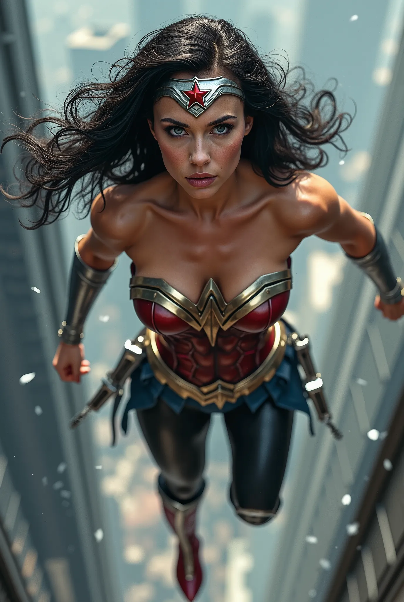 (((A beautiful woman falling into the void from a skyscraper))),(((large pieces of glass falling))),(((long black hair))),(((Wonder Woman has a sensual body with a masculine appearance and physique, muscular arms and legs.))),(((blue eyes,long black hair))...