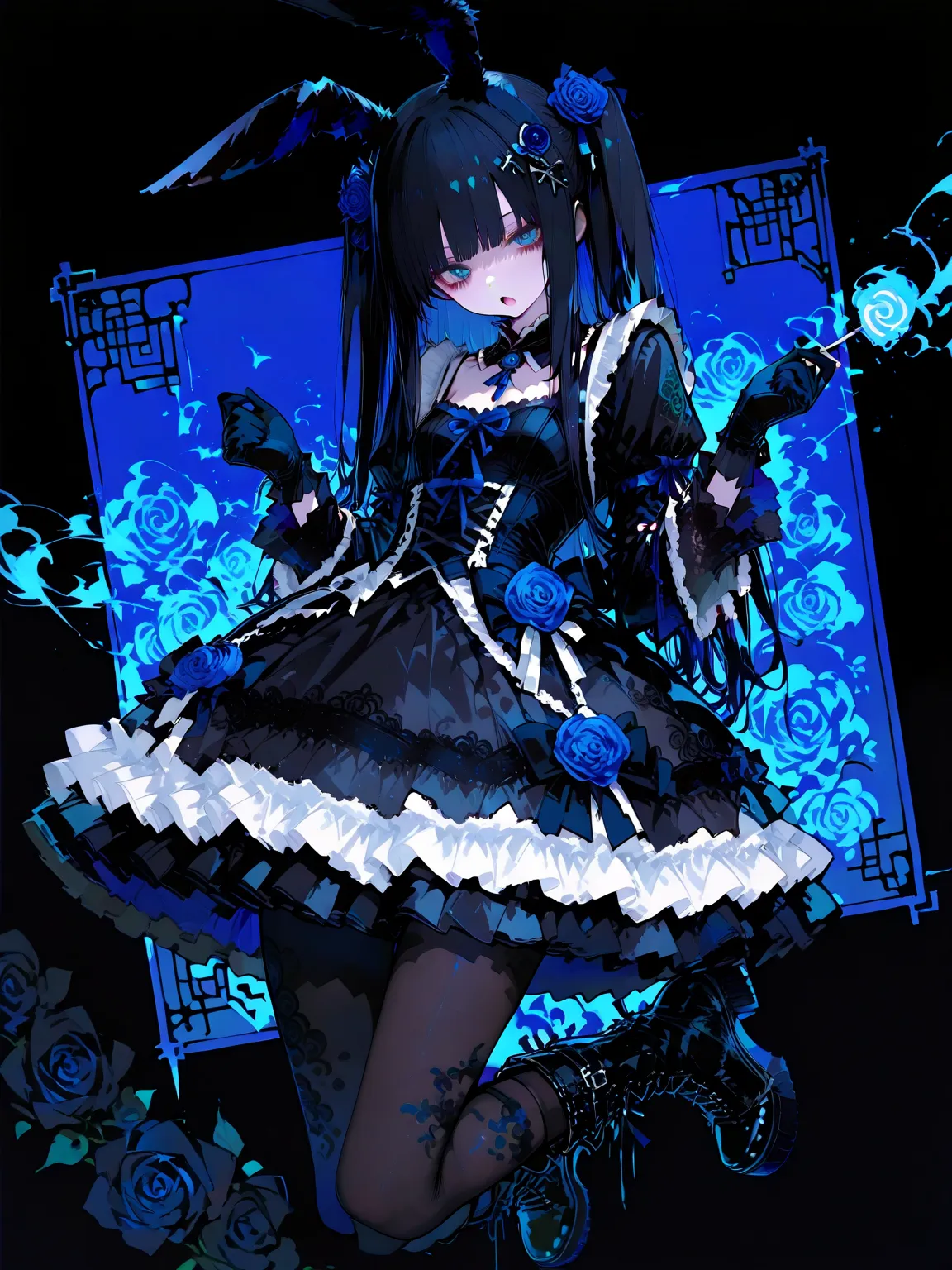 black bunny, 1girl, solo, black rabbit ears, black long hair, blue eyes, black dress,  gothic lolita dress, candy sleeves, chocker, frills, dress gloves,  hair ornaments, pantyhose, boots, jumping, open mouth, black and blue roses, flat colors,high saturat...