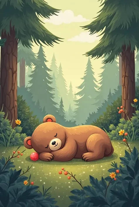 Make me a cover of a little bear sleeping in the woods with a red ball