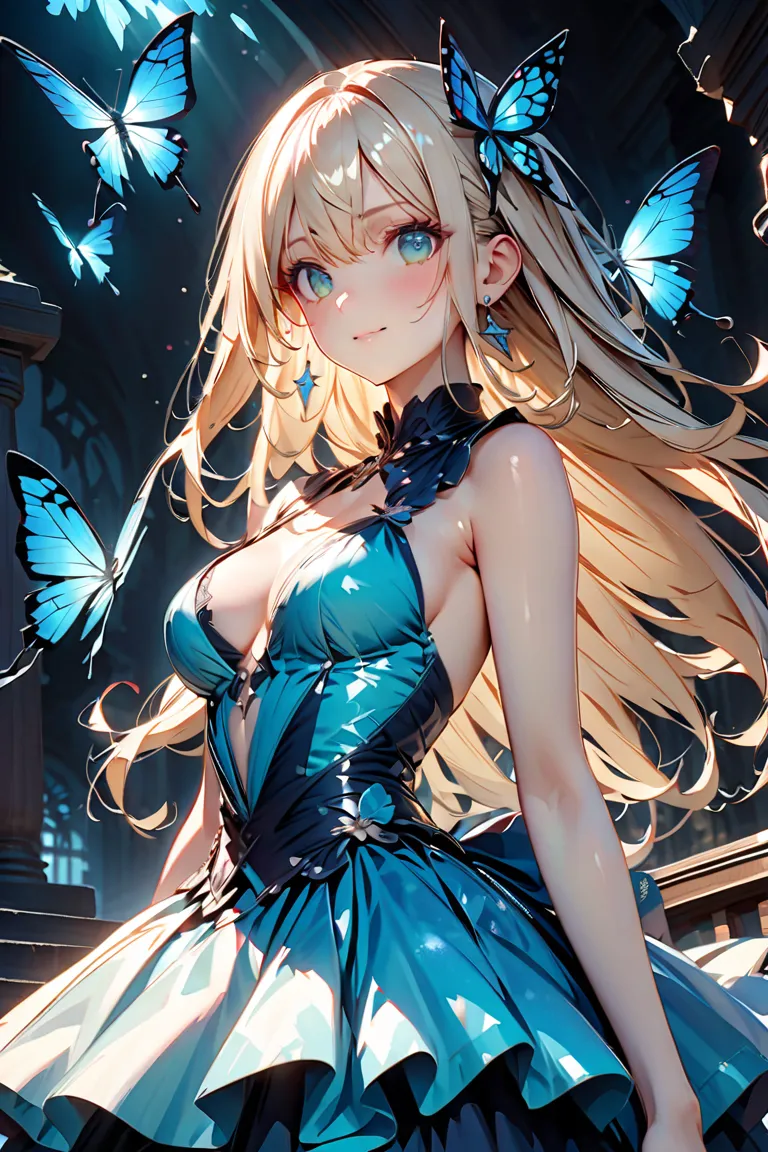 masterpiece、Concept Art、（very detailed）、Butterflies shining all around、Medium Shot、fairy butterfly 1 girl、（Blue translucent butterfly wings on the back）、cute、elegant、Platinum Blonde Flowing Hair、blue magic dress、（ Mysterious Forest）、illuminated by graceful...