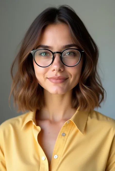 photograph of Stunning spanish woman with brown hair, midi haircut style. 24 years old. She is wearing a light yellow shirt and thin glasses.  wide portrait. She is the assistant of a virtual course. 
