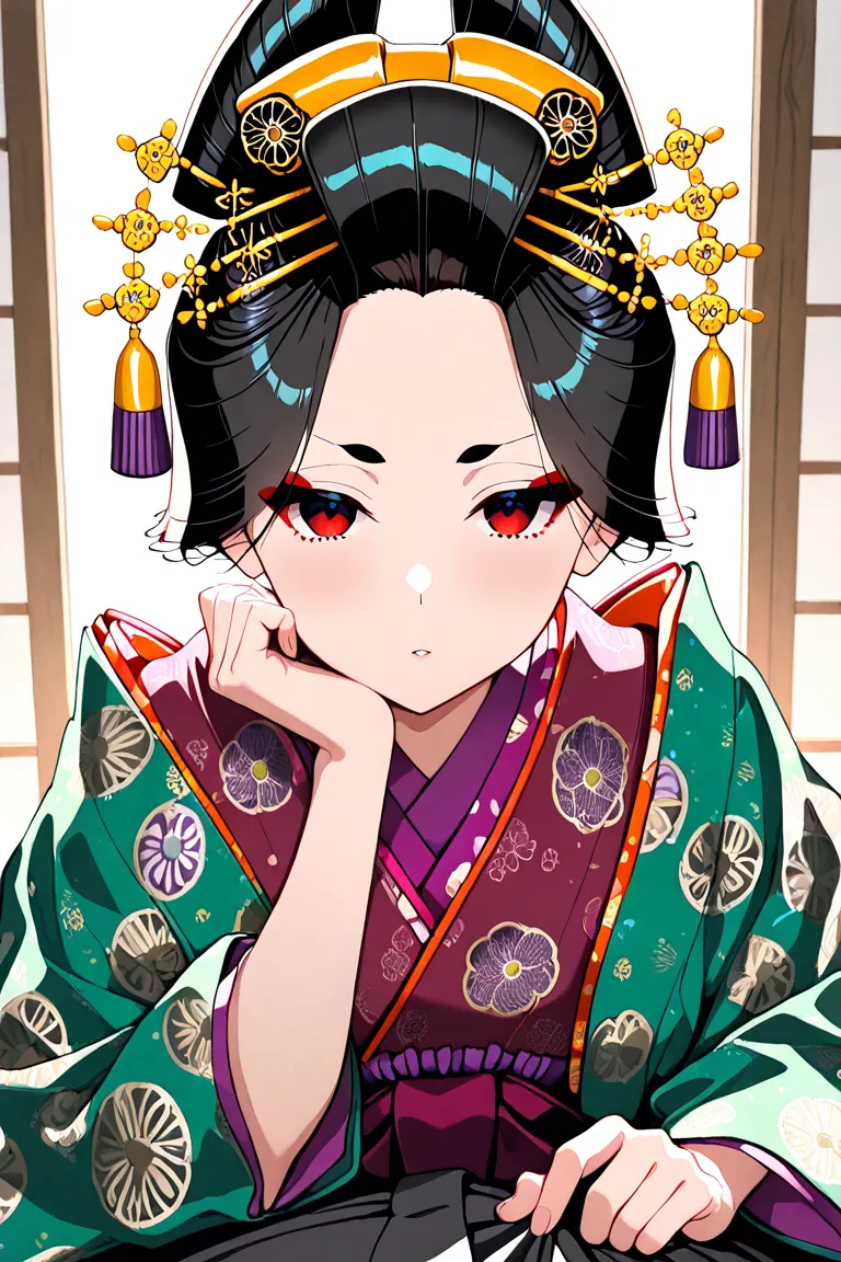 white background, masterpiece, top quality, POV, one Oiran, black hair, Blow kiseru smoke right at me