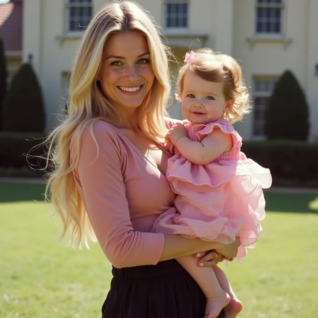  Smiling very pretty sexy 17-year-old blonde wearing a pink top and a black skirt in front of the billionaire house in the 90s with the effect of old cameras holding a very pretty and cute redhead baby in a pink dress