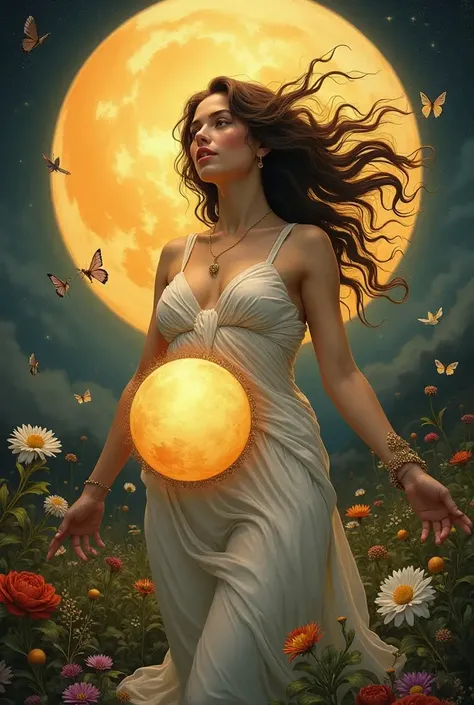 "A pregnant woman in the sky, feeling labor pains. Her expression shows effort and pain. She is dressed in a cloak of golden light, representing the Sun. under their feet , the moon shines clearly and with presence, serving as the basis for her. above her ...