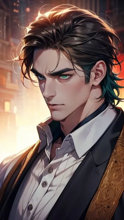 (  best quality,4K,8k,   highres,  masterpiece :1.2),  breasts  ,(Realistic,photoRealistic,photo-Realistic:1.37),36-year-old man,3 day beard,Beautiful anime,Portraits,strong,masculine,     with dark hair  ,sharp jaw,      mesmerizing green eyes   ,    perf...