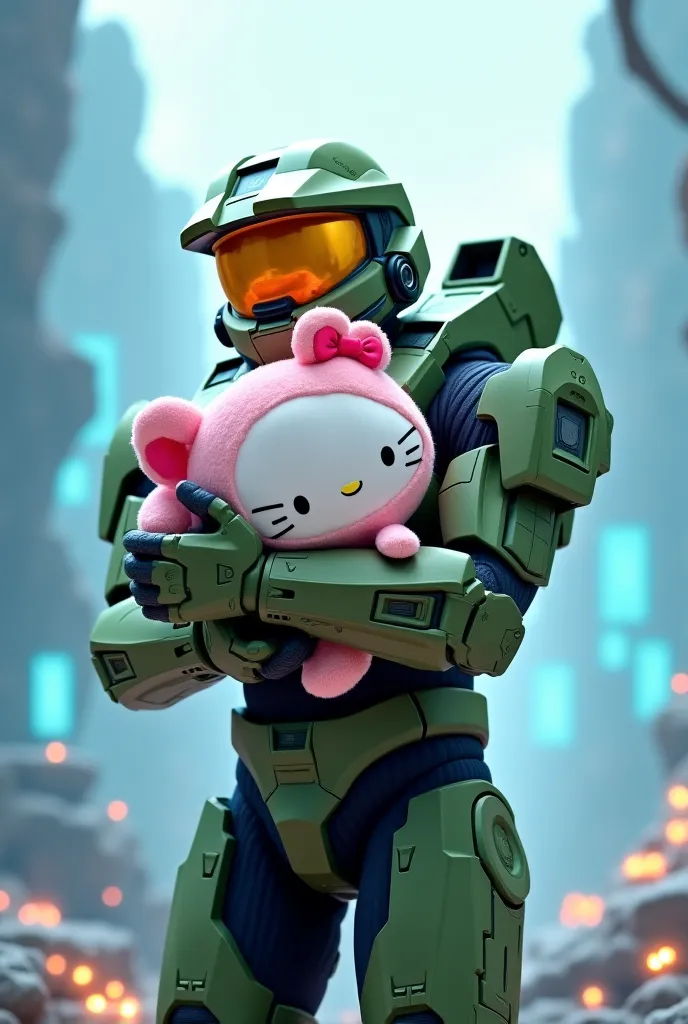 Make Halo's master boss hold Sanrio's Cinnamoroll in his arms

