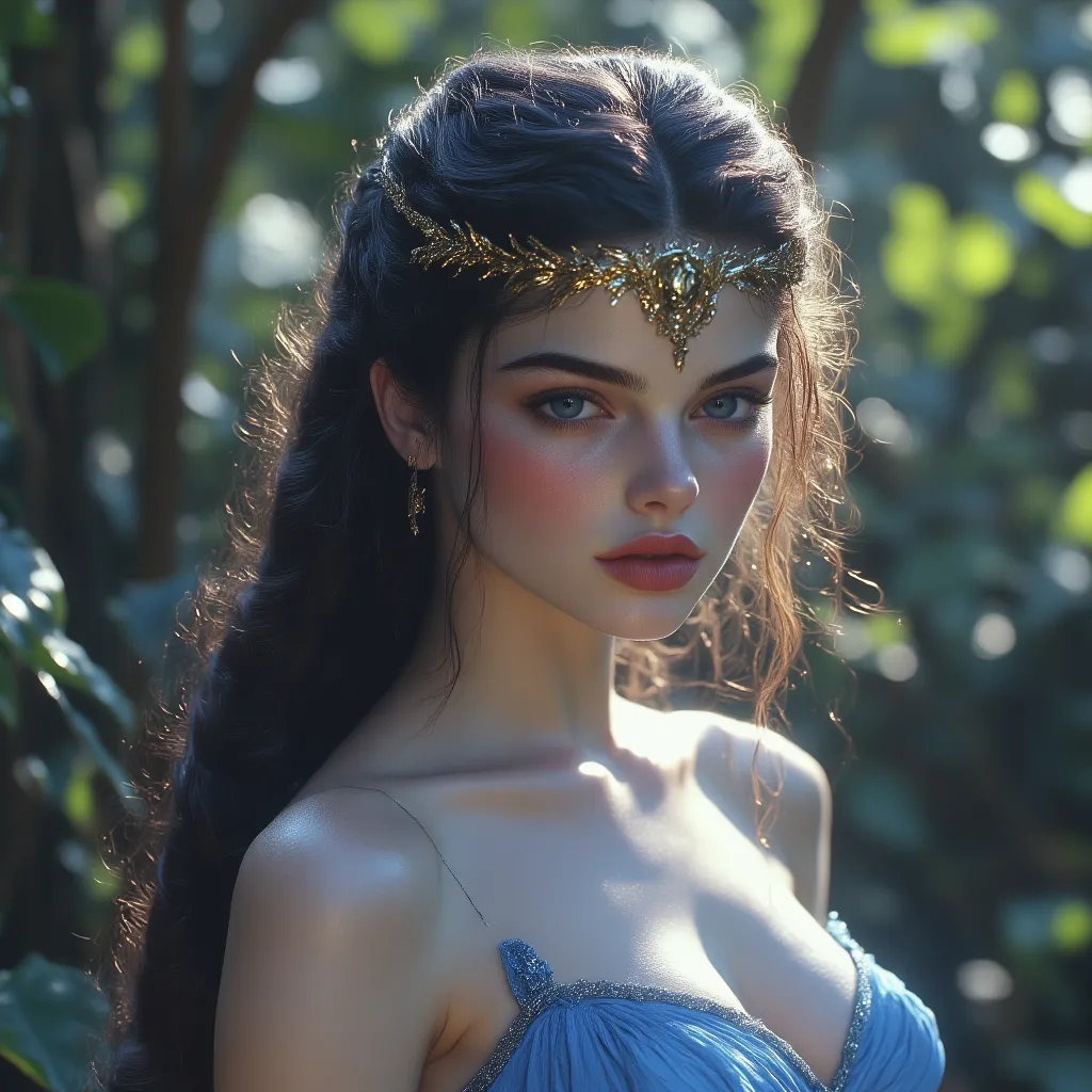 realistic photo 4k, GREEK MYTHOLOGY beautiful GREEK NYMPH young 20 years old GREEK features GREEK FEATURES (Arabs), long and laced black hair,  on his back, blue eyes, white porcelain skin with a glow effect, red lips, blushed cheeks,  on his back, she wea...