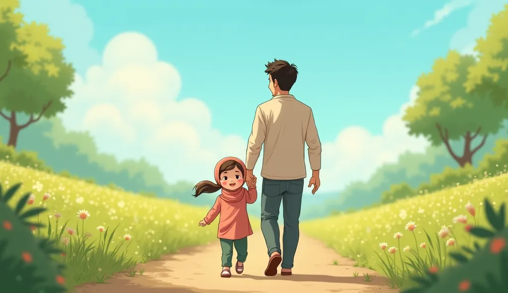 Animated image of a Cute muslim baby girl walking with father happily 