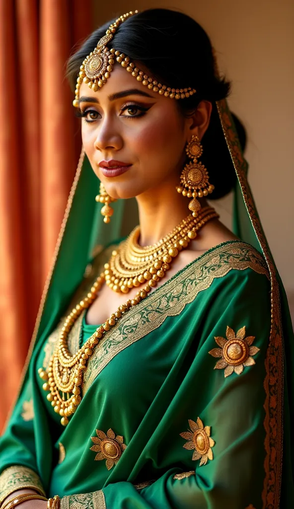 Thick lady wearing green saree and jewellery bridal makeup 