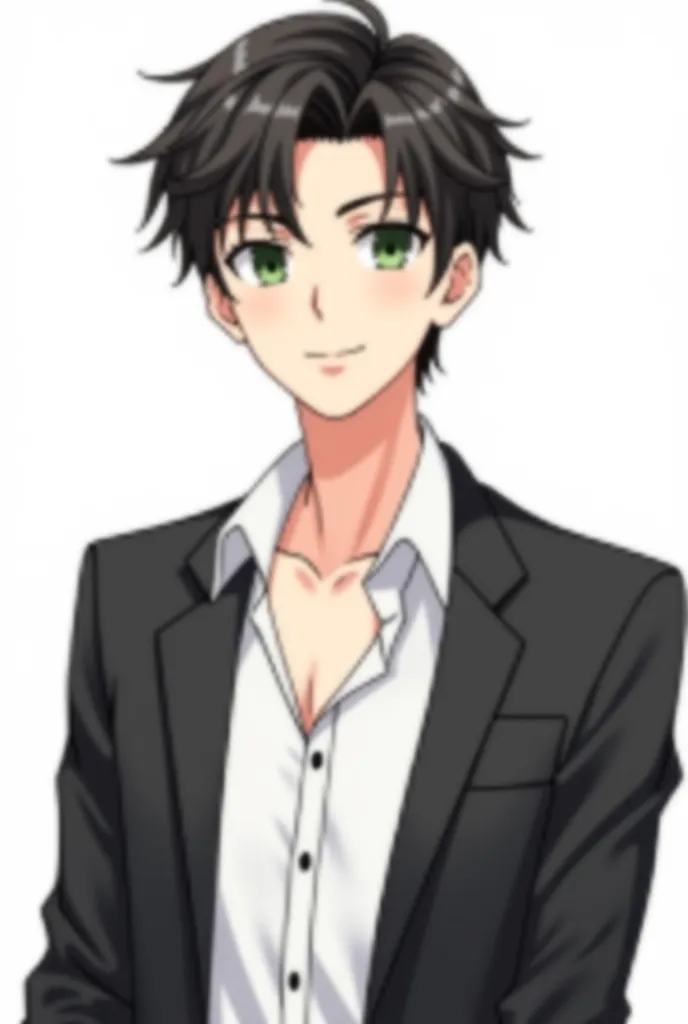 A handsome young man between 16 and 18 years old, with a medium-muscular physique, fair skin and striking green eyes.  Her hair is dark in color ,  slightly disheveled but well maintained . He wears elegant and modern clothes, like a white shirt with an op...