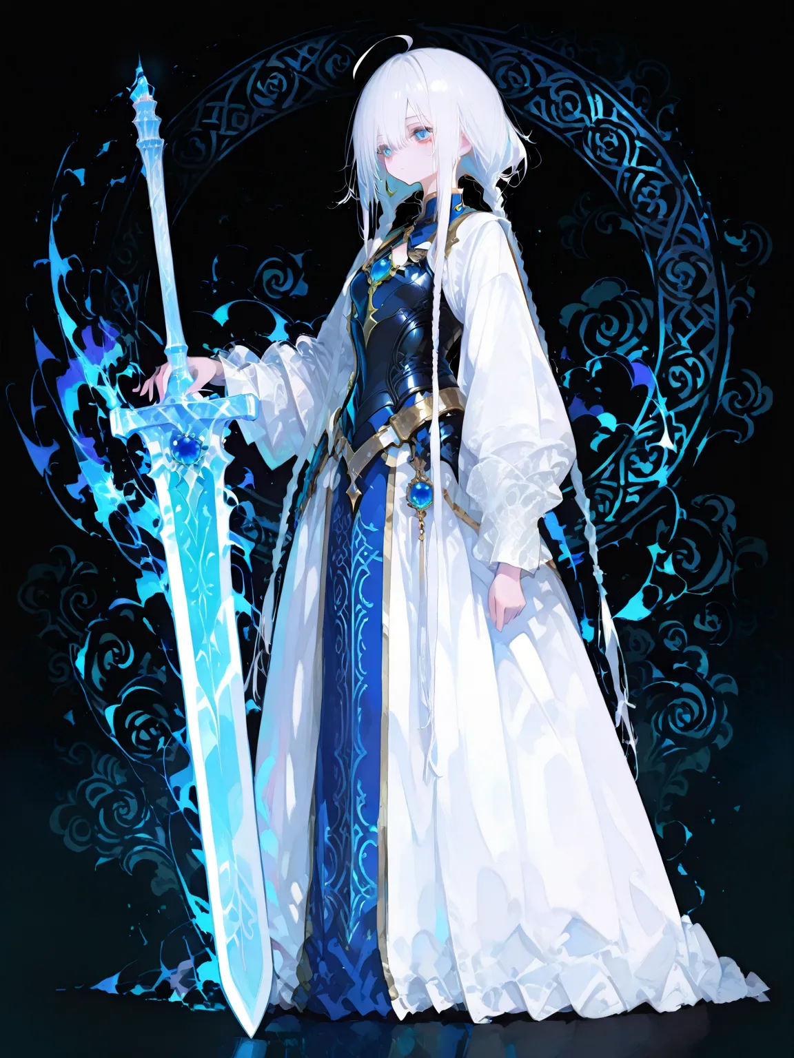 1girl,solo,white hair,long hair,side twin braids,ahoge,blue eyes, full armor with beautiful jewelry a great sword with a brilliant blue gem in its hilt full brightness full details beautiful eyes, full body view, perfect anatomy, best quality, high quality...