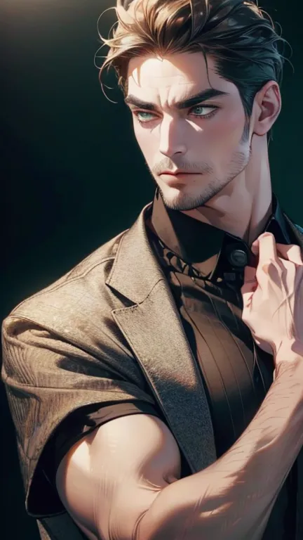 (  best quality,4K,8k,   highres,  masterpiece :1.2),  breasts  ,(Realistic,photoRealistic,photo-Realistic:1.37),36-year-old man,3 day beard,Beautiful anime,Portraits,strong,masculine,     with dark hair  ,sharp jaw,      mesmerizing green eyes   ,    perf...