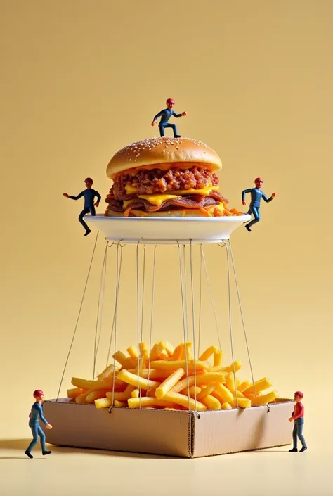 Loaded fries on a flat box getting lowering by miniature toys using cables 