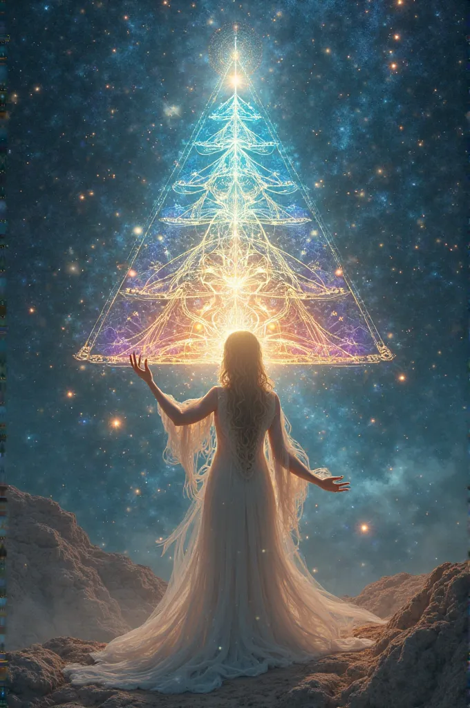 Beautiful Pleiadian being creating pyramids of colored fractals with lines that transform into rivers of light, bright pulses on the palm, subtle cosmic background, intense central light, vertical."**