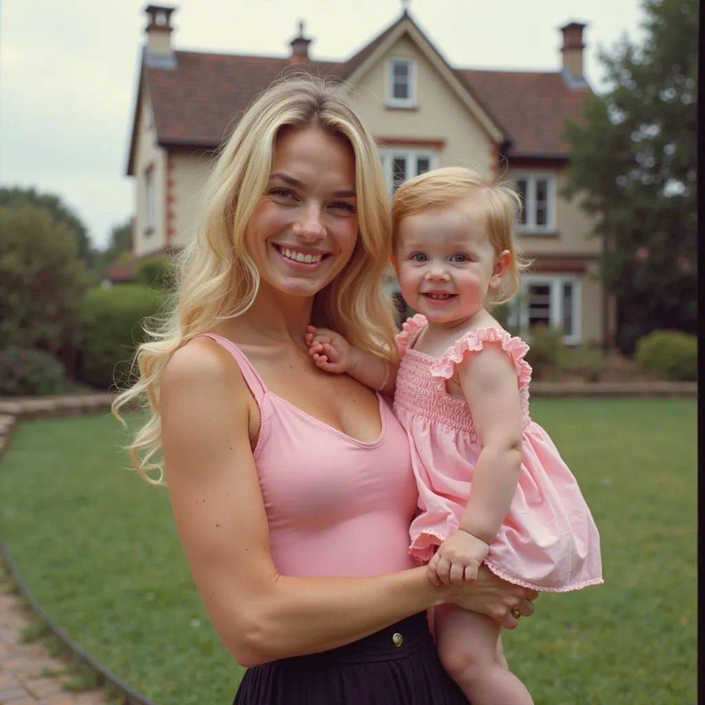  Smiling very pretty sexy 17-year-old blonde wearing a pink top and a black skirt in front of the billionaire house in the 90s with the effect of old cameras holding a very pretty and cute redhead baby in a pink dress